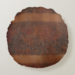 Embossed Floral Imitation Leather Look Round Cushion