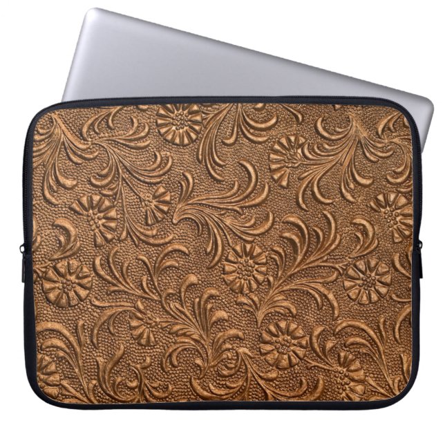 embossed floral panel, copper laptop sleeve (Front)