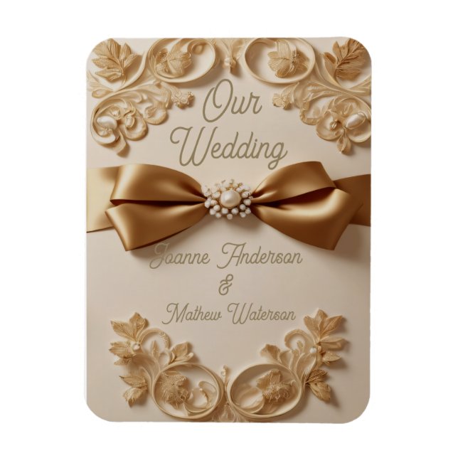 Embossed Floral Wedding Invitation – Satin Bow & G Magnet (Vertical)