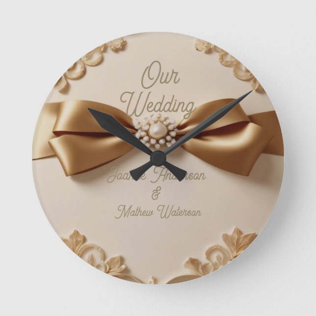 Embossed Floral Wedding Invitation – Satin Bow & G Round Clock (Front)