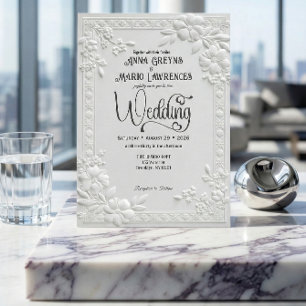 Embossed Floral White Formal Wedding  Invitation