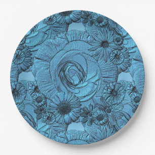 Embossed Flowers-Blue-PAPER PLATES
