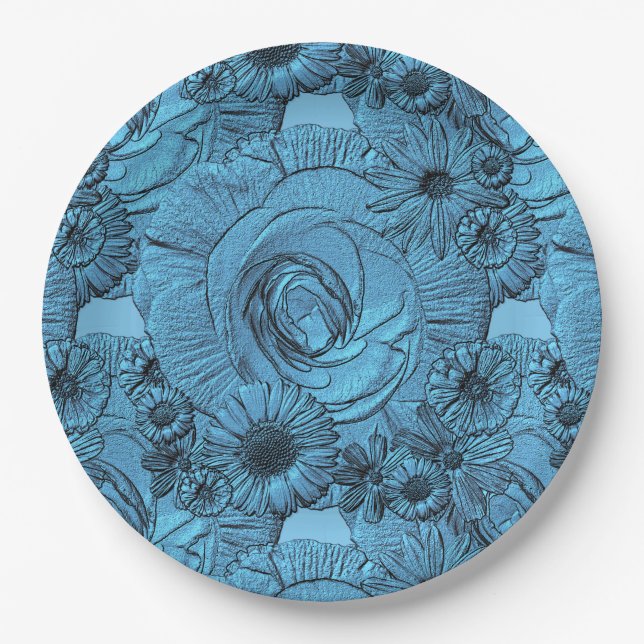 Embossed Flowers-Blue-PAPER PLATES (Front)