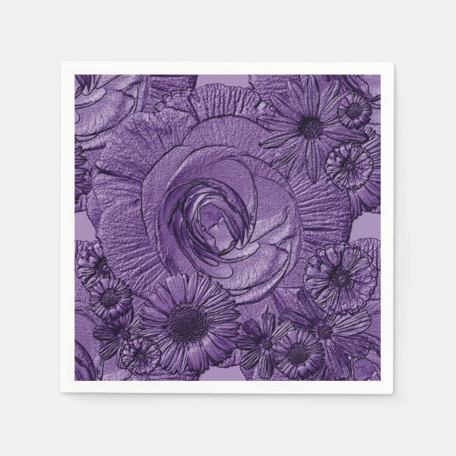 Embossed Flowers-Dark Purple-COCKTAIL NAPKINS (Front)