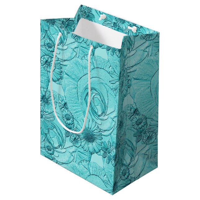 Embossed Flowers-Duck Egg Blue-GIFT BAG M (Front Angled)