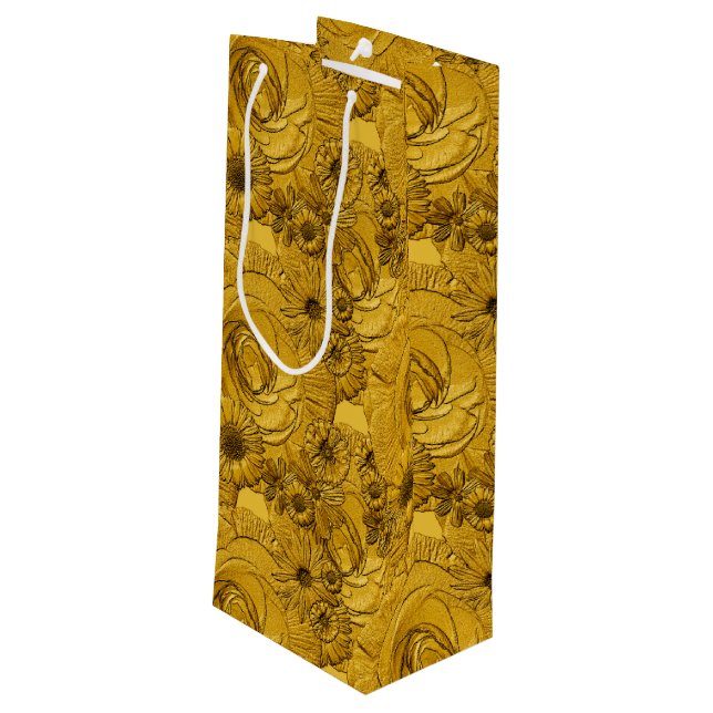 Embossed Flowers-Gold-WINE GIFT BAG (Back Angled)