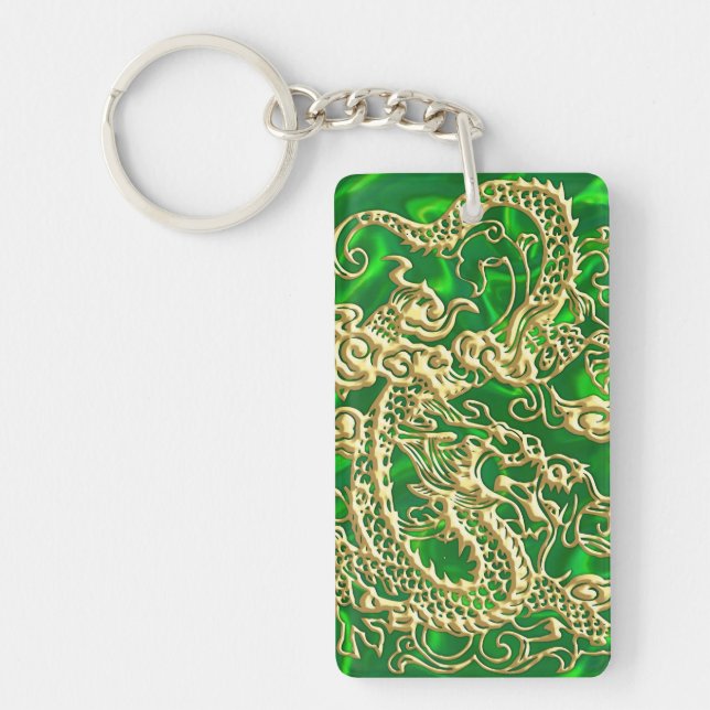 Embossed Gold Dragon Green Satin iPhone Case Key Ring (Front)