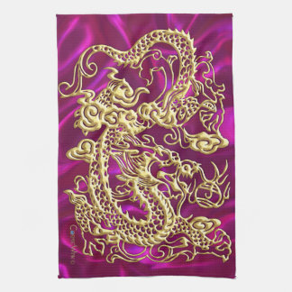 Embossed Gold Dragon Magenta Satin Print Tea Towel