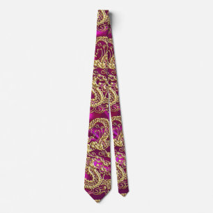 Embossed Gold Dragon Magenta Satin Print Tie