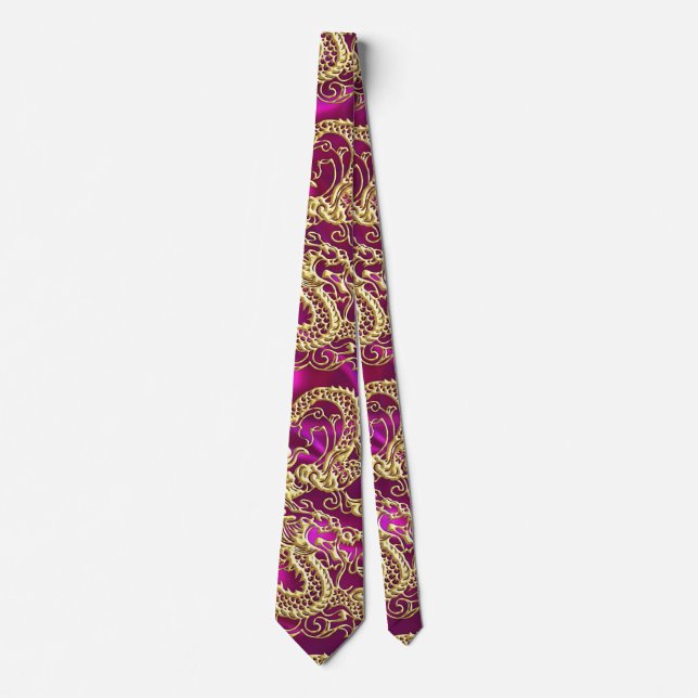 Embossed Gold Dragon Magenta Satin Print Tie (Front)