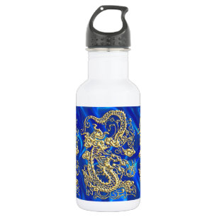 Embossed Gold Dragon on Blue Satin Print 532 Ml Water Bottle