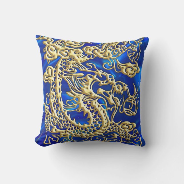 Embossed Gold Dragon on BlueSatin Print Cushion (Front)