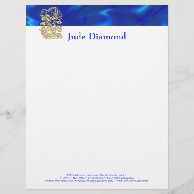 Embossed Gold Dragon on BlueSatin Print Custom Letterhead (Front)