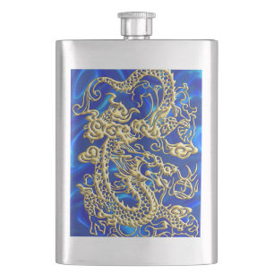 Embossed Gold Dragon on BlueSatin Print Hip Flask