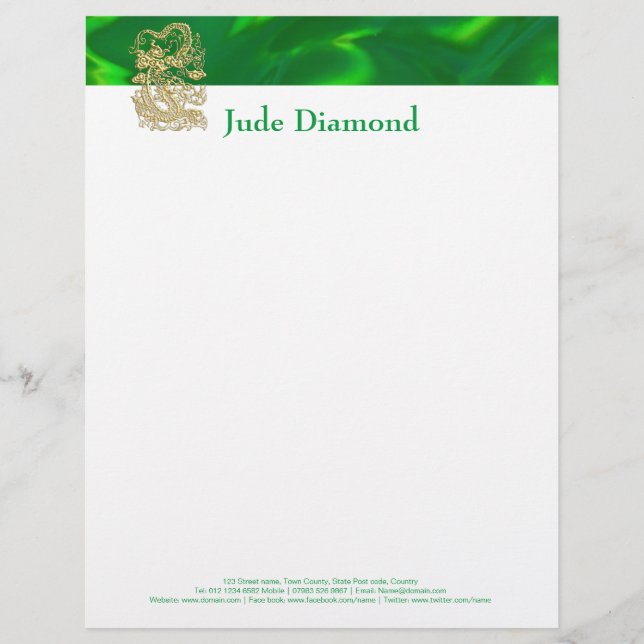 Embossed Gold Dragon on Green Satin Customized Letterhead (Front)