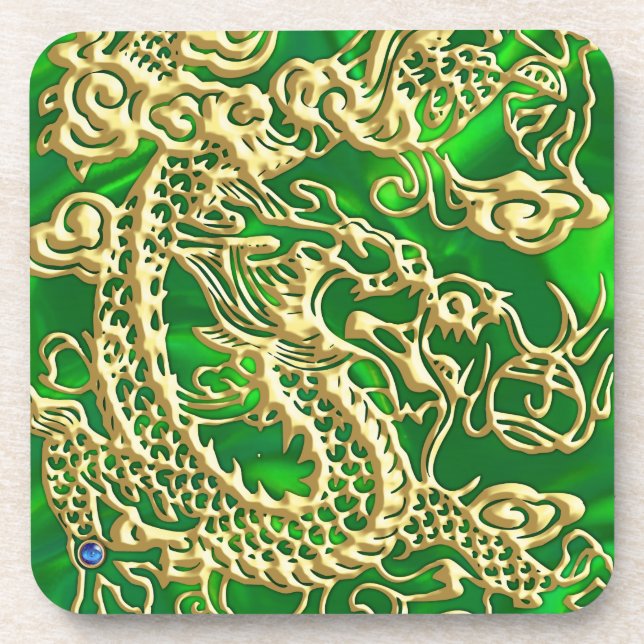 Embossed Gold Dragon on Green Satin Print Coaster (Front)