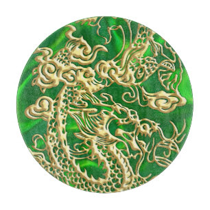 Embossed Gold Dragon on Green Satin Print Cutting Board