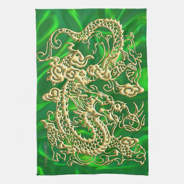 Embossed Gold Dragon on Green Satin Print Tea Towel (Vertical)