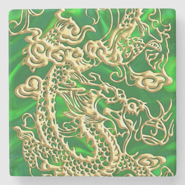 Embossed Gold Dragon on Green Satin Stone Coaster (Front)