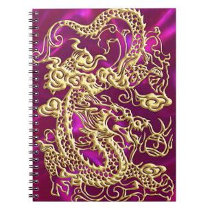 Embossed Gold Dragon on Magenta Satin Print Spiral Notebook