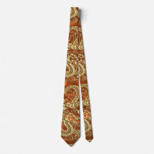 Embossed Gold Dragon on Orange Satin Print Tie
