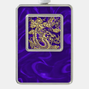 Embossed Gold Dragon on Purple Satin Print Silver Plated Framed Ornament