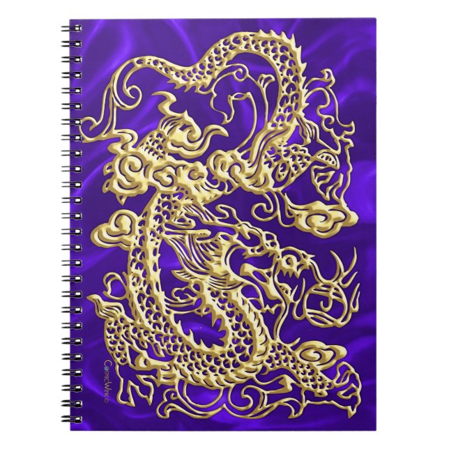 Embossed Gold Dragon on Purple Satin Print Spiral Notebook (Front)