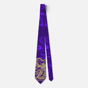 Embossed Gold Dragon on Purple Satin Print Tie