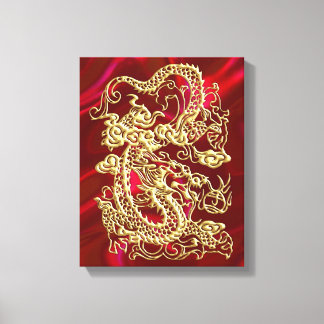 Embossed Gold Dragon on Red Satin Print