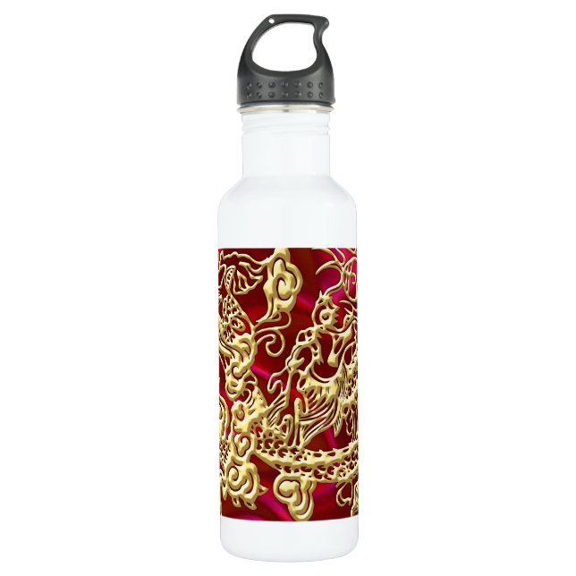 Embossed Gold Dragon on Red Satin Print 710 Ml Water Bottle (Front)
