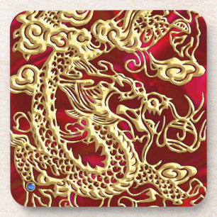 Embossed Gold Dragon on Red Satin Print Coaster