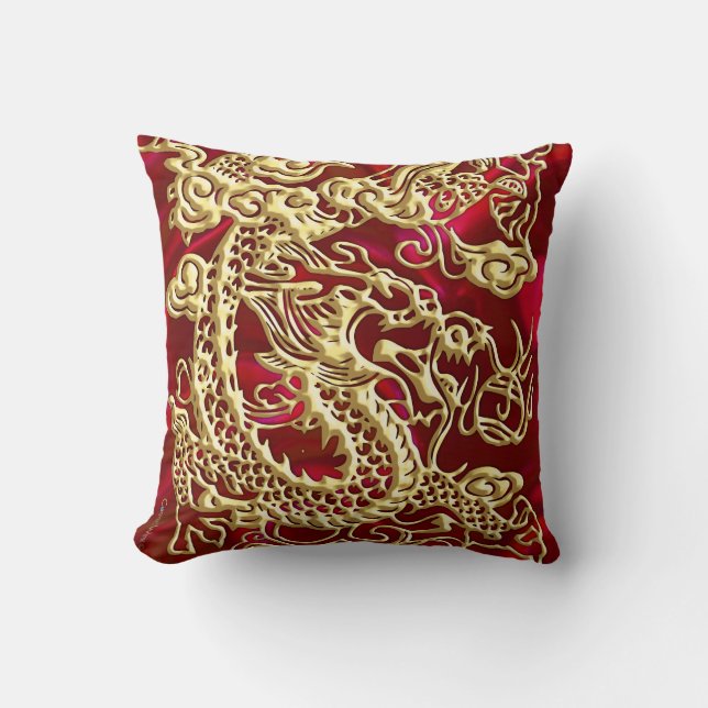 Embossed Gold Dragon on Red Satin Print Cushion (Front)