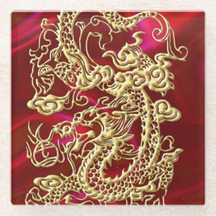 Embossed Gold Dragon on Red Satin Print Glass Coaster