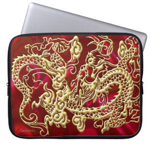 Embossed Gold Dragon on Red Satin Print Laptop Sleeve