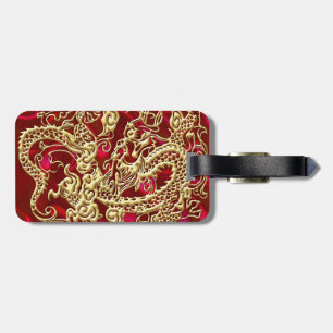 Embossed Gold Dragon on Red Satin Print Luggage Tag