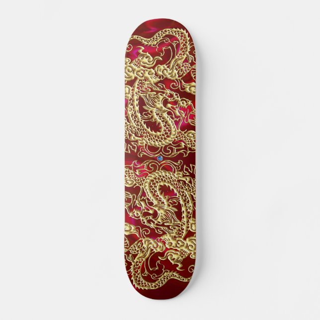 Embossed Gold Dragon on Red Satin Print Skateboard (Front)