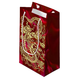 Embossed Gold Dragon on Red Satin Print Small Gift Bag