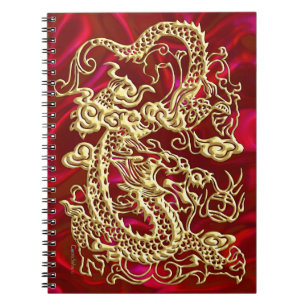 Embossed Gold Dragon on Red Satin Print Spiral Notebook