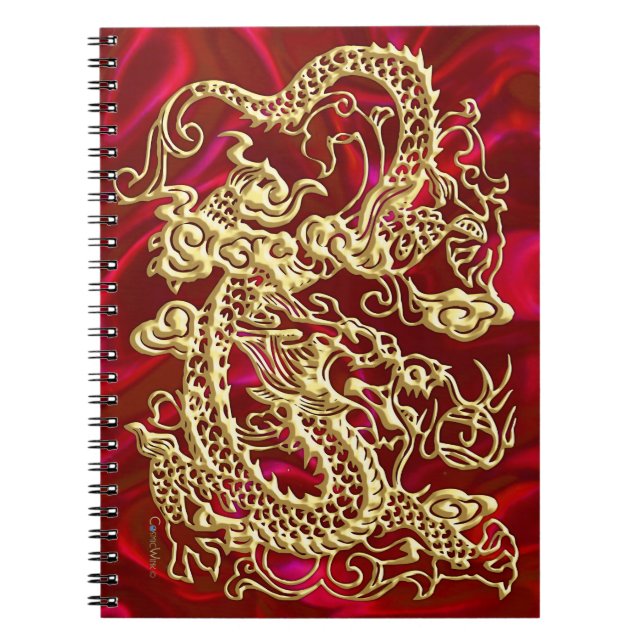 Embossed Gold Dragon on Red Satin Print Spiral Notebook (Front)