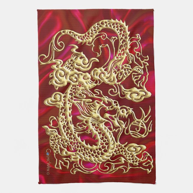 Embossed Gold Dragon on Red Satin Print Tea Towel (Vertical)