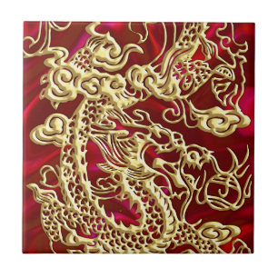 Embossed Gold Dragon on Red Satin Print Tile