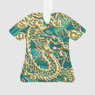 Embossed Gold Dragon on Turquoise Satin Ornament