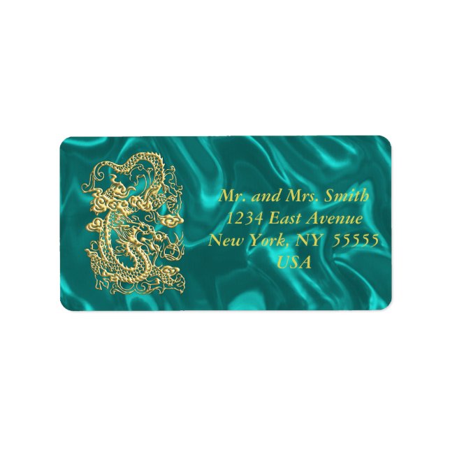 Embossed Gold Dragon on Turquoise Satin Print Label (Front)