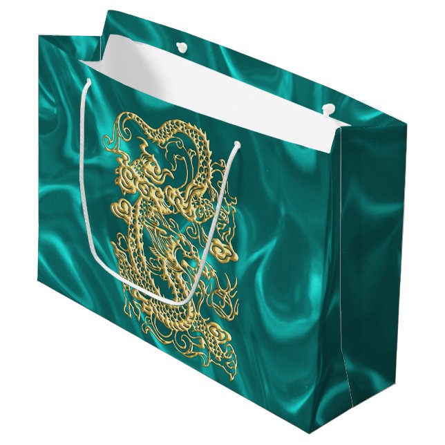 Embossed Gold Dragon on Turquoise Satin Print Large Gift Bag (Front Angled)