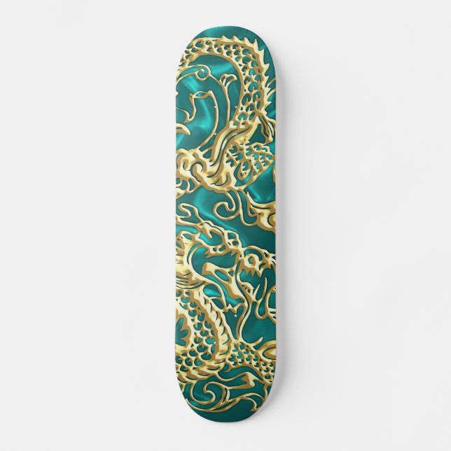 Embossed Gold Dragon on Turquoise Satin Print Skateboard (Front)
