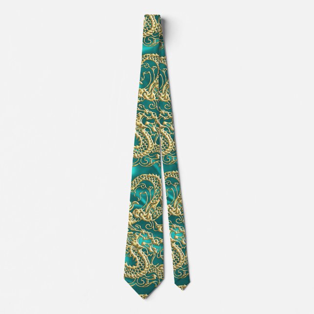 Embossed Gold Dragon on Turquoise Satin Print Tie (Front)