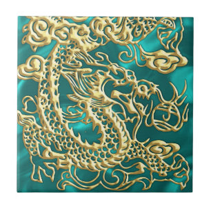 Embossed Gold Dragon on Turquoise Satin Print Tile