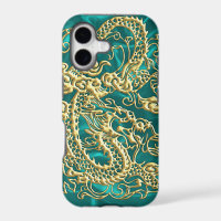 Embossed Gold Dragon Turquoise Satin iPhone Case