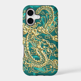 Embossed Gold Dragon Turquoise Satin iPhone Case