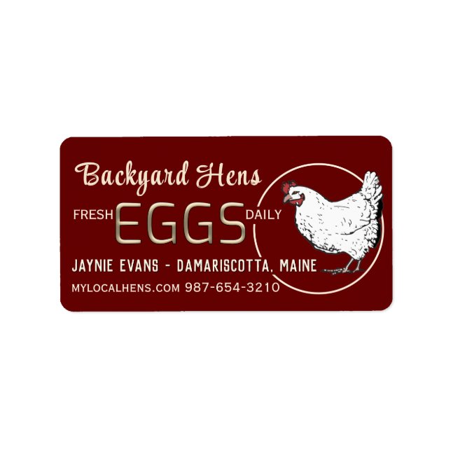 Embossed Gold Fresh Eggs White Hen on Barn Red Label (Front)